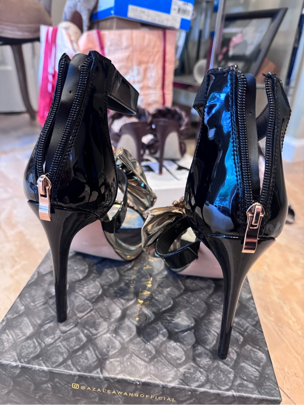 Black and Gold Embellished High Heel Sandals with Teal Gem - Picture 6 of 6